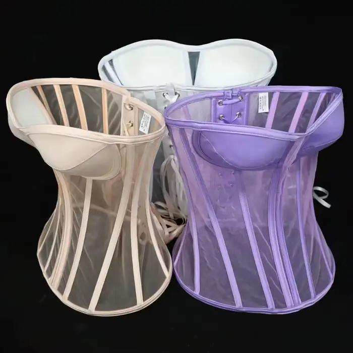 Corset Bustier avec soutien-gorge pour femmes, corsage en maille transparente pour mariage, modelant le corps, taille fine, à lacets, bustiers désossés sans bretelles
