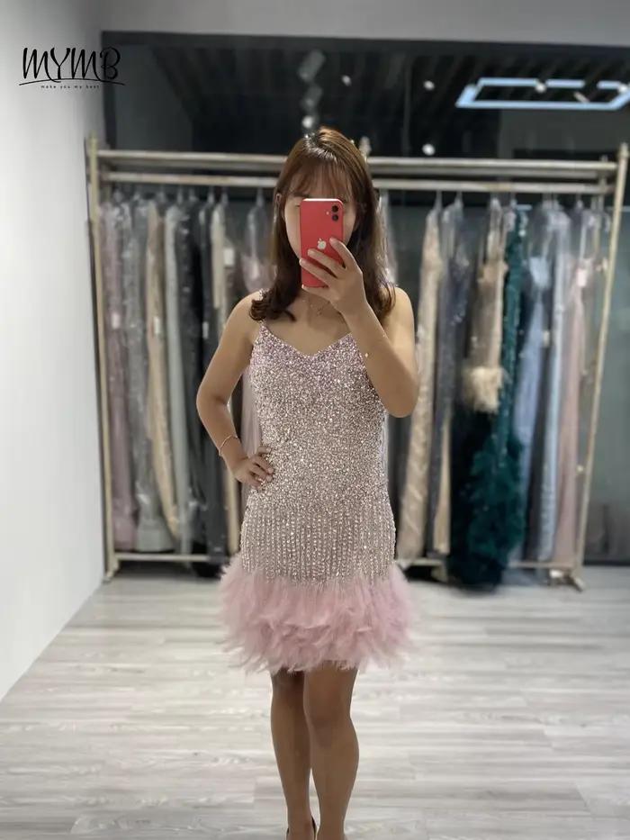 MYMB rose Chic Sexy bretelles Spaghetti Mini robes de boîte de nuit pour les femmes fête de luxe cristal perlé plumes robes de Cocktail