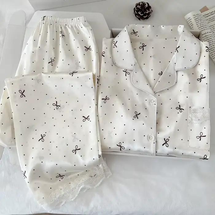 Nouveau Style coréen élégant jeunes dames pyjamas été nouveauté à manches courtes à pois nœud glace soie pyjama