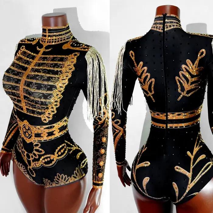 Nouveau Costume de spectacle sur scène diamants noir body extensible pour femmes body à franges discothèque Bar fête danseur vêtements