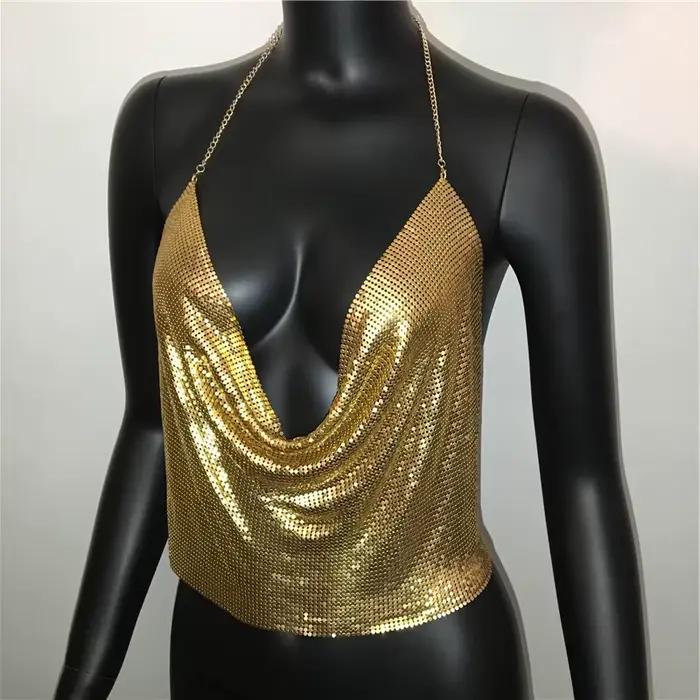 Femmes métal paillettes débardeur Sexy col en V profond licou étincelle