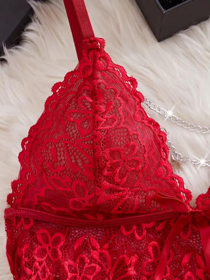 Lingerie transparente pour femmes, sous-vêtements avec bordure florale en dentelle, robe de nuit et string, ensembles de pyjamas, nuisette féminine