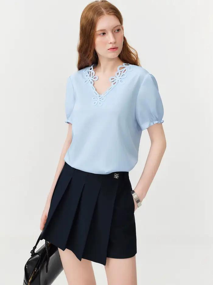 FSLE 2026 Blouse d'été pour femme à col en V français et manches bouffantes
