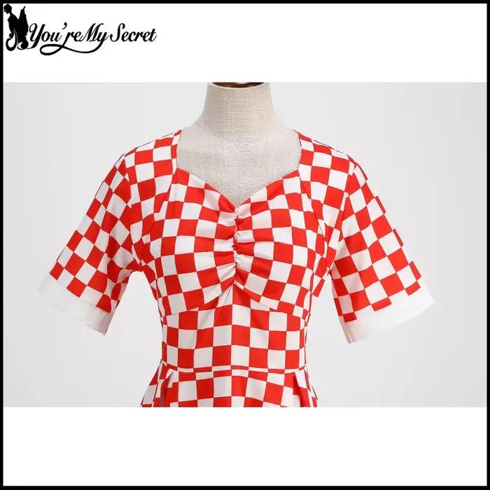 [You're My Secret] Robe Rockabilly des années 50 et 60 pour femmes, robe vintage à carreaux rouges et blancs, robe Hepburn Pin-up Swing, vêtements d'été