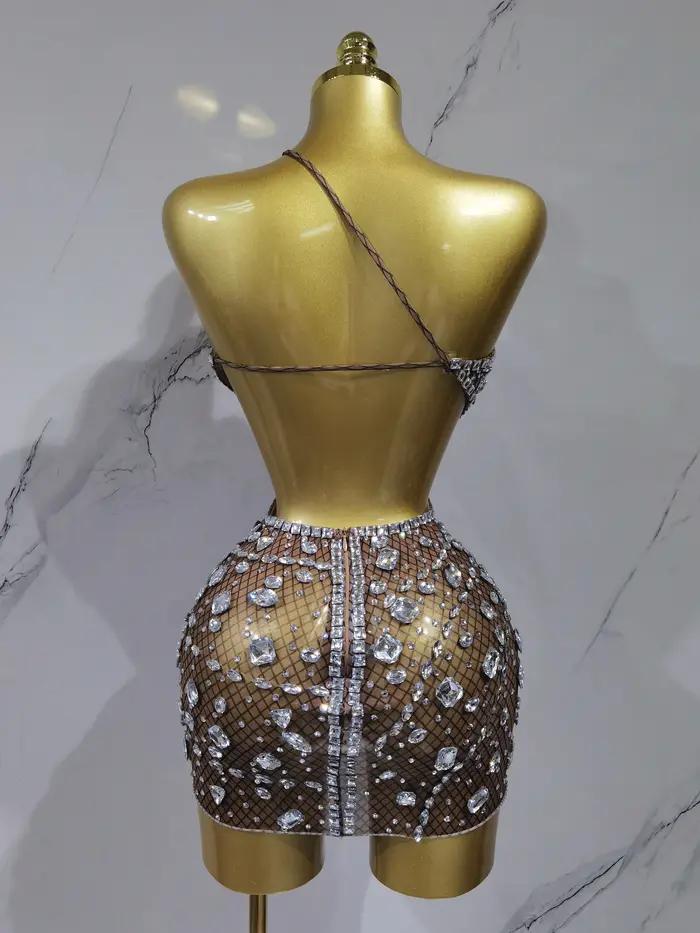 Robe de soirée de luxe sexy dos nu ajourée ornée de diamants pour anniversaire, scène, boîte de nuit et bal de promo