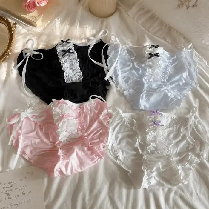 Culottes taille basse en dentelle, lingerie à nœud papillon, culottes en soie glacée, culottes Lolita à lacets pour femmes