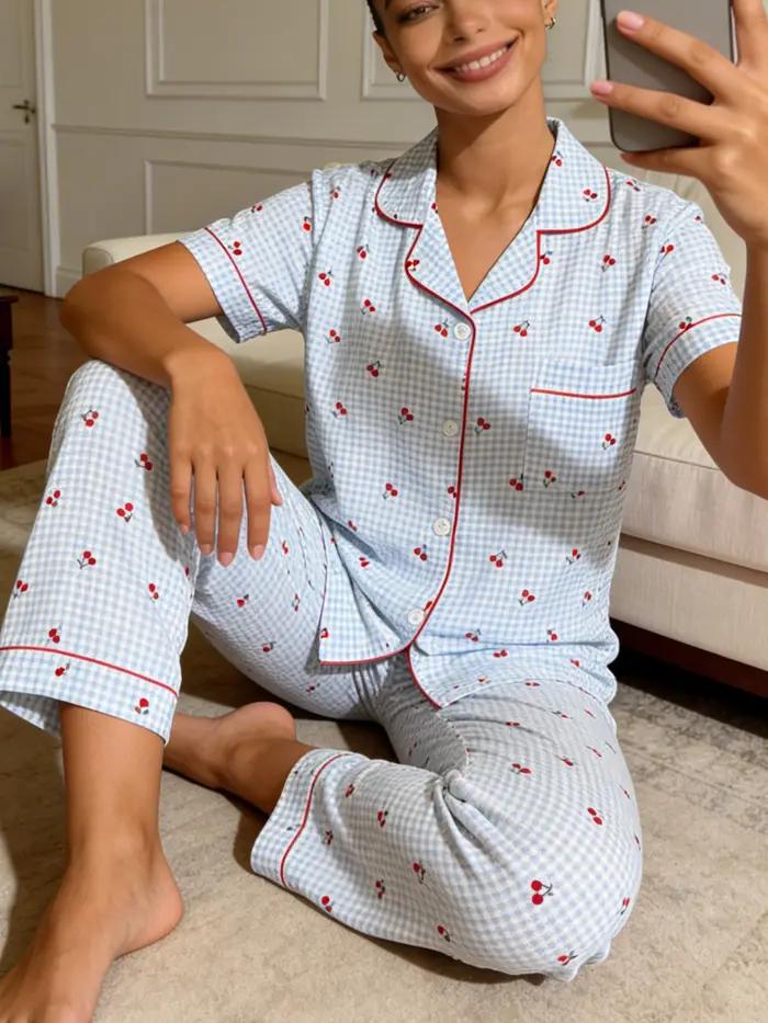 Pyjama femme, col boutonné