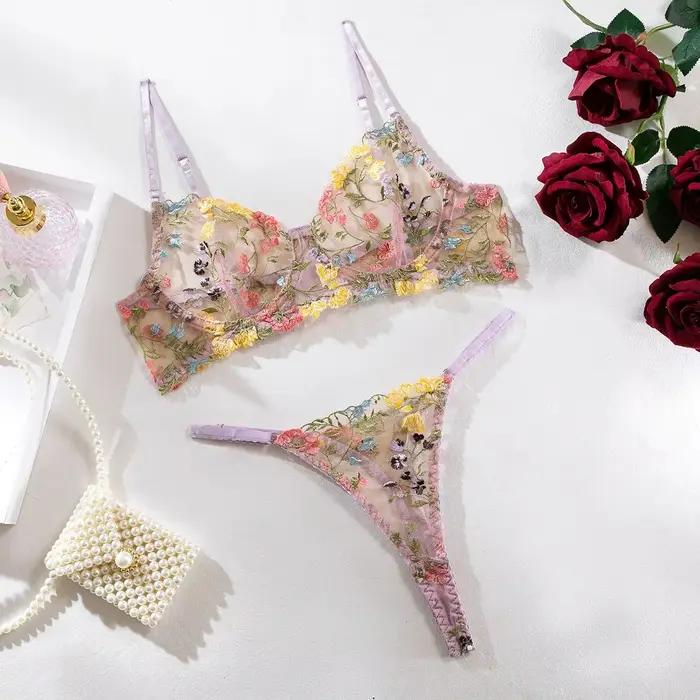 Yimunancy ensemble de Lingerie brodée florale femmes pure 2 pièces Boho soutien-gorge + culotte