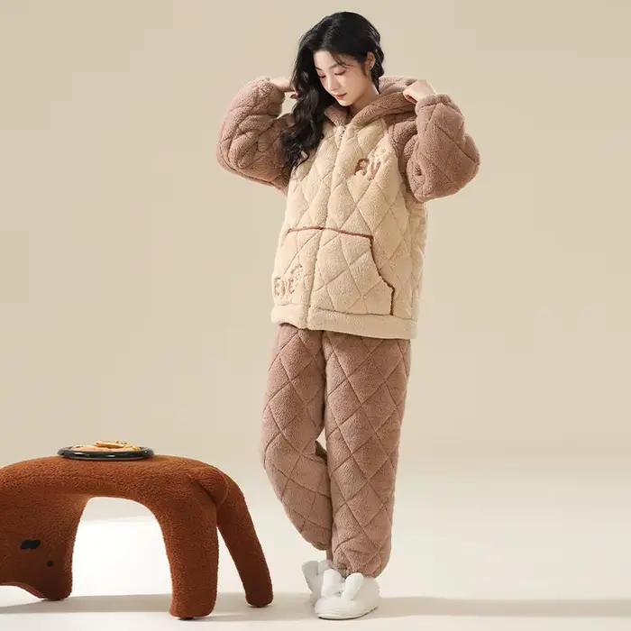 Hiver femmes pyjamas à capuche ensemble 3 couches pince coton Pijama femme épais chaud vêtements de nuit