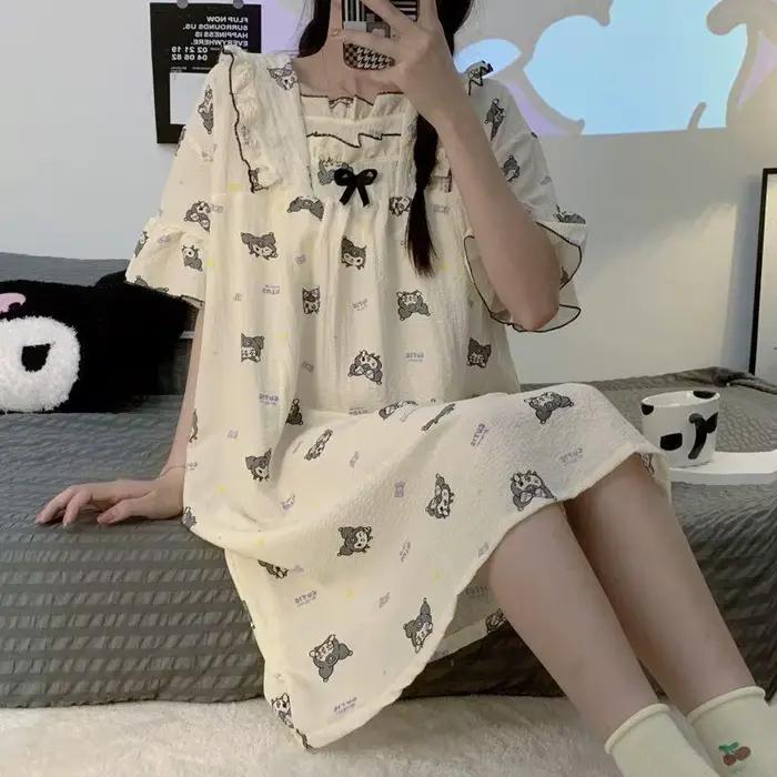 Chemise de nuit Sanrio Hello Kitty en coton pour femmes et étudiantes