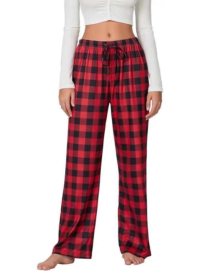 Bas de pyjama à carreaux rouges pour femmes, avec poches, cordon de serrage, pantalon de nuit, ample, extensible, vêtements de nuit