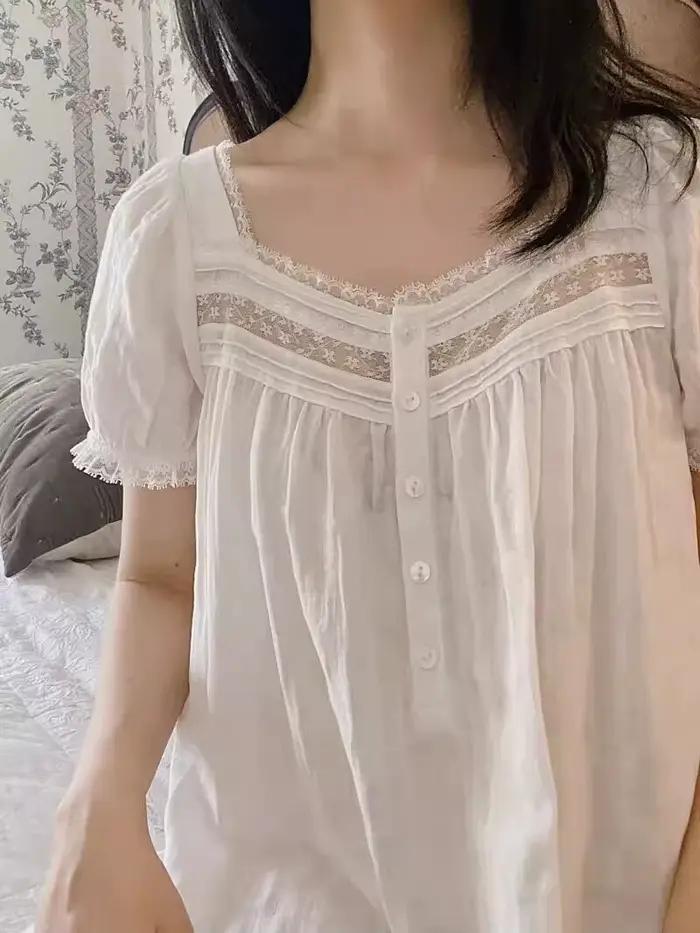 Robe de nuit longue blanche 100 % coton pur à manches courtes pour femme