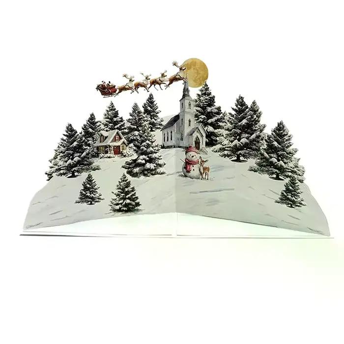 Carte de noël 3D, scène de nuit avant noël avec père noël, renne, Village enneigé et ciel clair de lune, carte de vœux de vacances Festive F