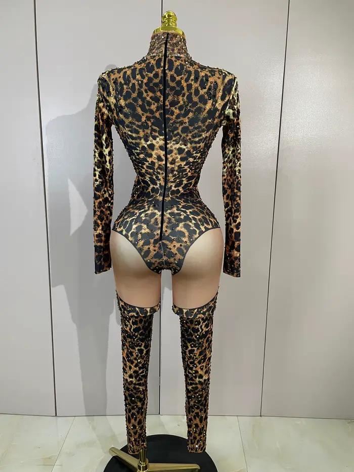 Combinaison moulante extensible sexy à imprimé léopard et diamants scintillants pour femme