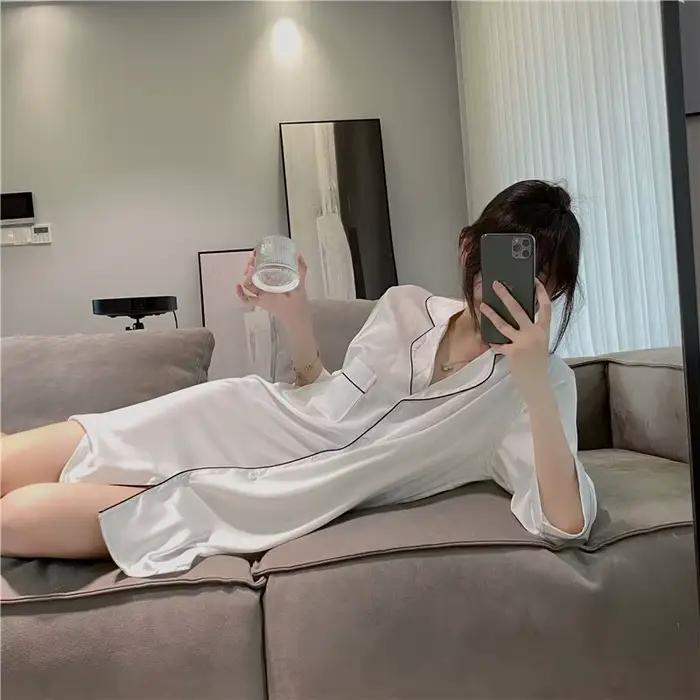 Chemise de nuit sexy pour femme en soie polyester tricoté minijupe col rabattu léger pour été et automne confort élégance nuit erotique