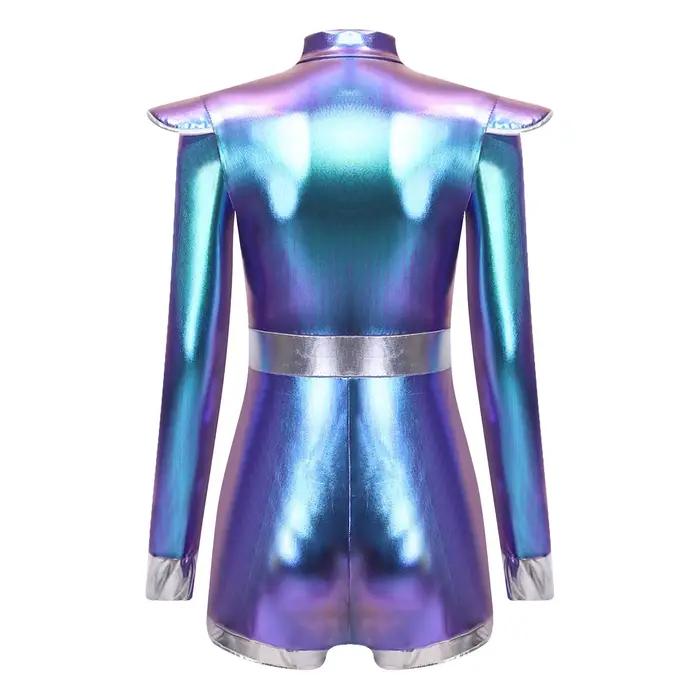 Combinaison scintillante métallisée pour femme, tenue de soirée, festival, club, avec paillettes, manches longues, fermeture éclair sur le devant, bas court, combinaison