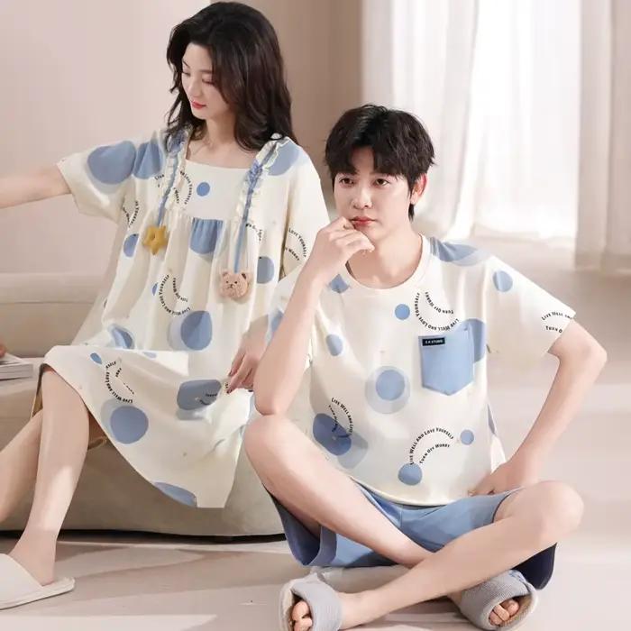 Couple pyjama ensemble été 100% coton hommes à manches courtes pyjamas Sexy femmes chemise de nuit Style décontracté