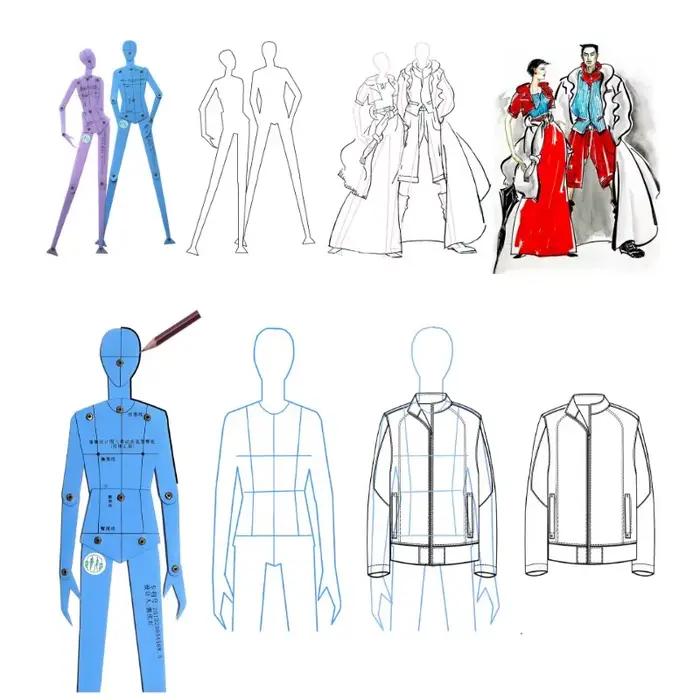 Ensemble de règles patchwork à la mode, conception de vêtements, modèle de dessin du corps humain, modèle de figurine pour hommes et femmes, planche combinée