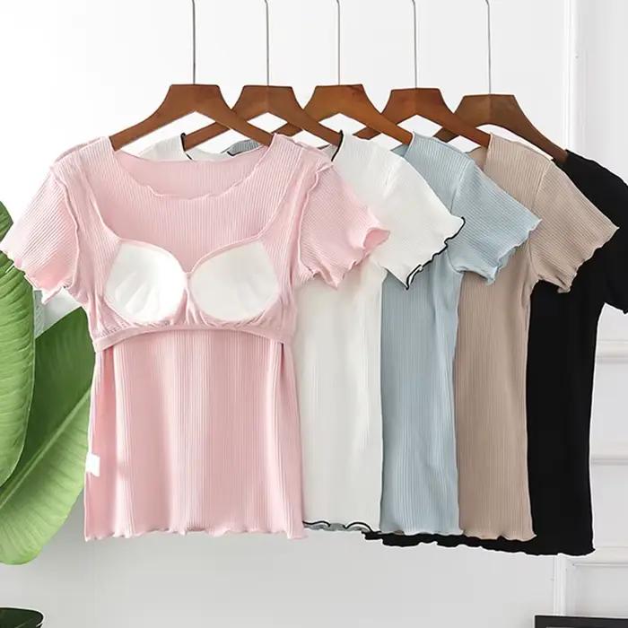 T-Shirt de nuit en coton à manches courtes et coussin de poitrine