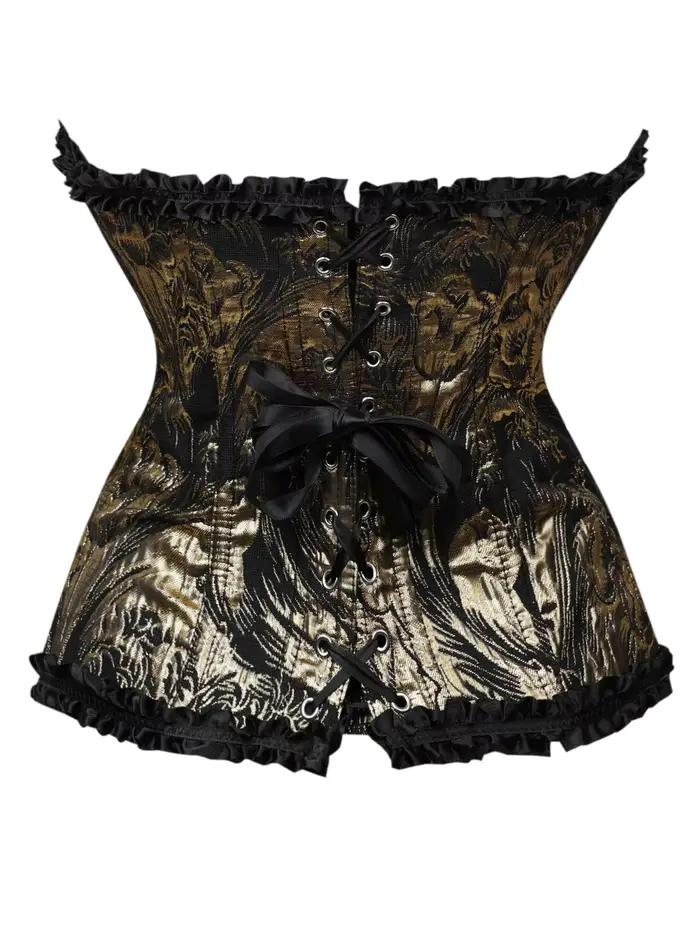 Corset bustier noir et or jacquard sans bretelles avec volants et laçage au dos, cincher de taille à baleines pour femme