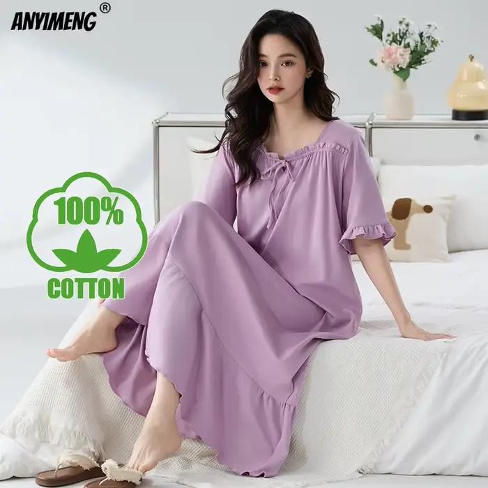 Chemises de nuit pour femmes 100% coton, style princesse rétro, chemise de nuit élégante pour femme, taille M-4XL, robe d'été à manches courtes