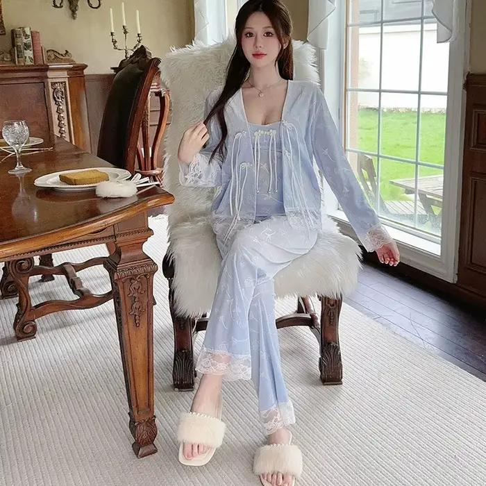 Automne hiver mignon flanelle pyjama ensemble nouveau Beige maison élégant vêtements de nuit sexy Pijamas costume ample