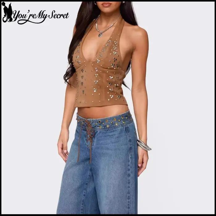 [You're My Secret] Débardeur Halter Femme Tendance Style Punk avec Rivets, Crop Top Sexy Noir, Camisole pour Soirées, Streetwear, Tenues d'Été