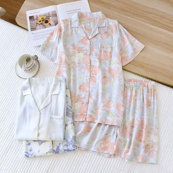 Pyjamas d'été femmes Viscose vêtements de nuit Rose imprimé Shorts vêtements de détente à manches courtes Pyjamas deux pièces vêtements de nuit sexy vêtements de maison