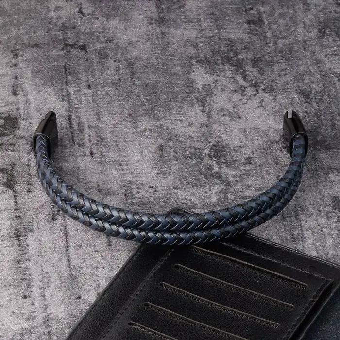 Bracelet en cuir véritable tressé noir et bleu pour hommes, Double bande