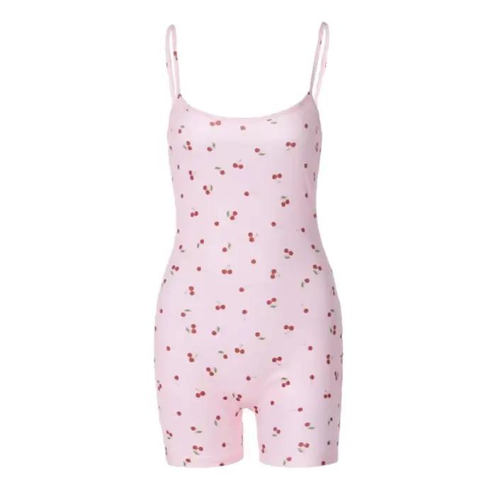 Combinaison camisole rose imprimé cerise, style maison, pyjama cintré à la taille à rayures verticales, décontracté et confortable