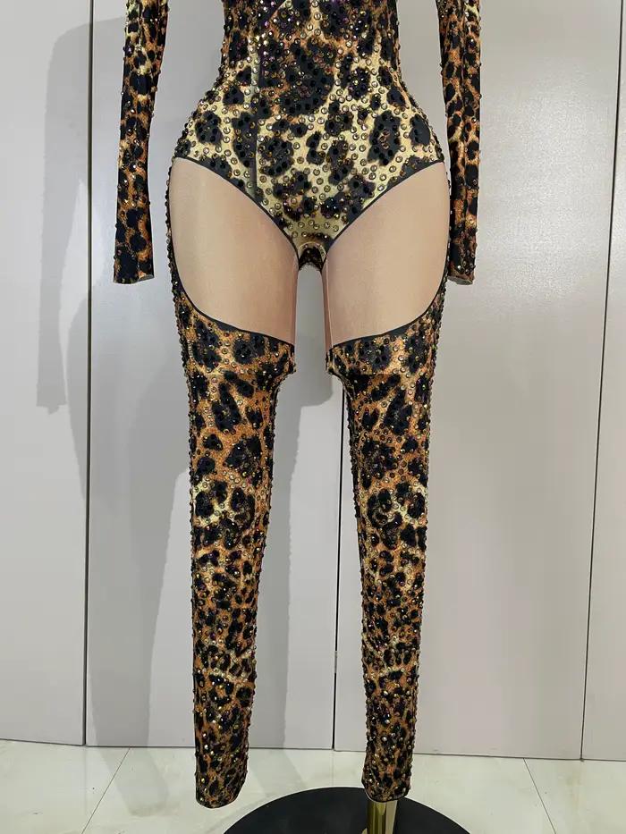 Combinaison moulante extensible sexy à imprimé léopard et diamants scintillants pour femme
