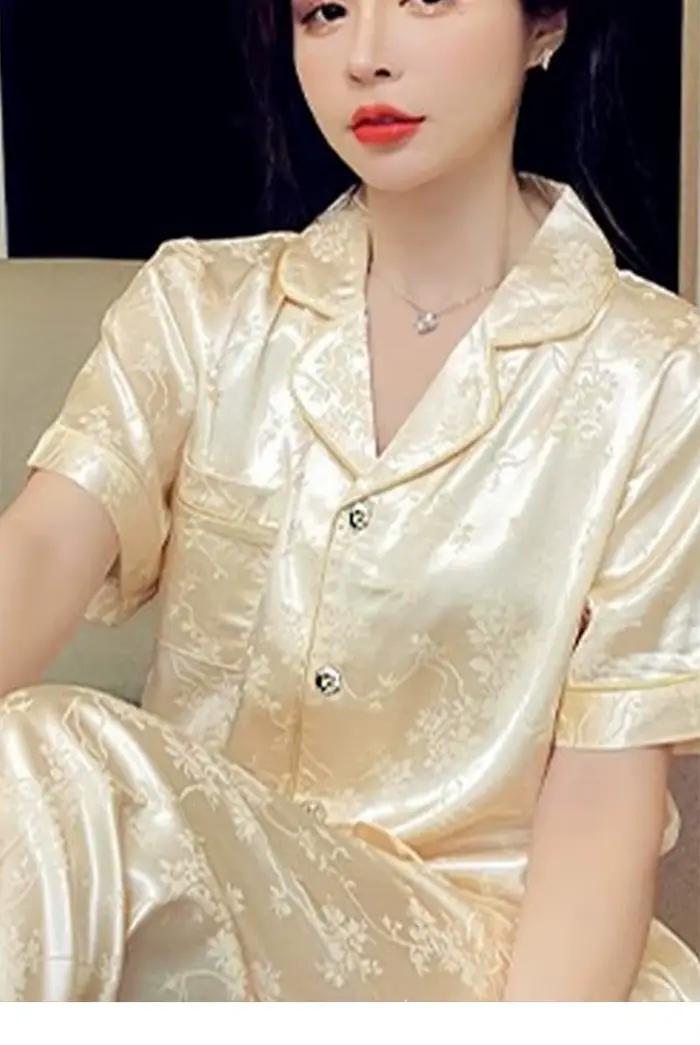Conjuntos De Pijama nouveau Satin De soie vêtements De nuit femmes pyjama ensembles revers manches courtes chemise