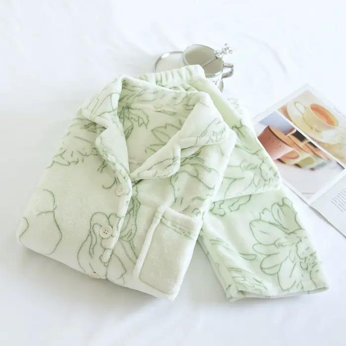 Automne hiver Vintage fait à la main velours chaud Homewear Lingerie pyjamas flanelle femmes vêtements de détente mode à manches longues pantalon ensemble