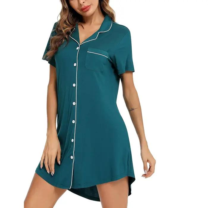 Chemise de nuit boutonnée à manches courtes pour femmes, chemise de nuit monochrome, vêtements de nuit pour dames, pyjama pour la maison