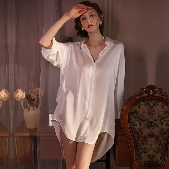 Chemise de nuit en Satin pour femmes, chemise de nuit boutonnée, chemise de nuit en soie, col cranté pour petit ami, vêtements de nuit