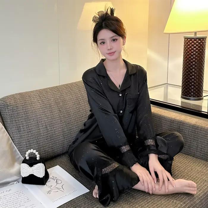 Noir dos nu doux mignon imprimé Pijamas costume été femme Pyjamas ensemble vêtements de nuit en vrac Satin Homewear à