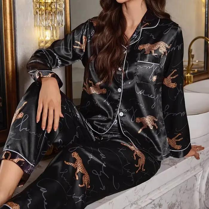 Ensemble pyjama en Satin à imprimé Floral pour femmes, manches longues et pantalon pour un sommeil confortable, vêtements de détente doux et vêtements de nuit