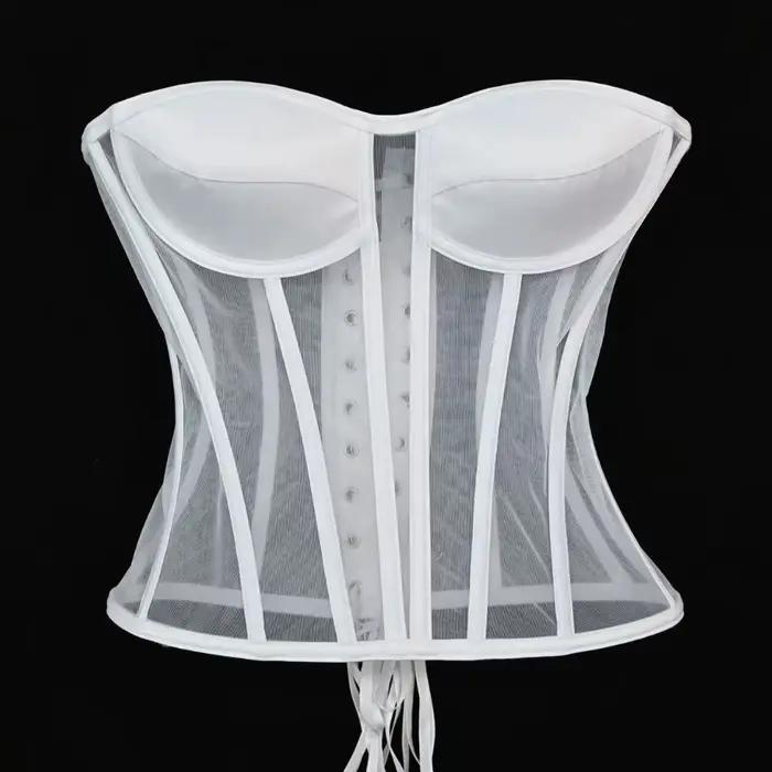 Corset Bustier avec soutien-gorge pour femmes, corsage en maille transparente pour mariage, modelant le corps, taille fine, à lacets, bustiers désossés sans bretelles