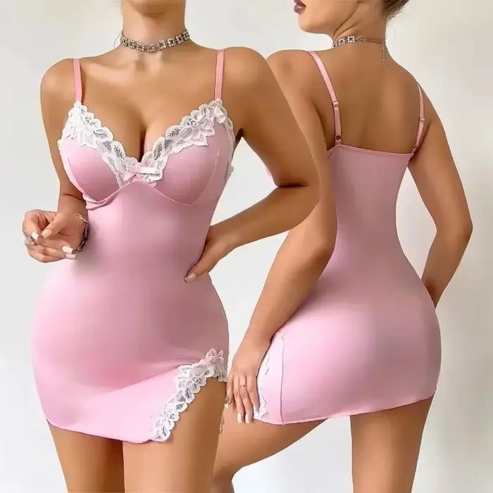 Été chaud femmes chemise de nuit séduisante rose profond V sans manches mode dentelle sommeil pyjamas robe dames