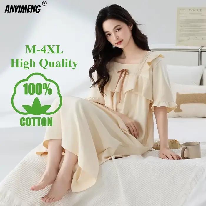 Chemises de nuit pour femmes 100% coton, style princesse rétro, chemise de nuit élégante pour femme, taille M-4XL, robe d'été à manches courtes