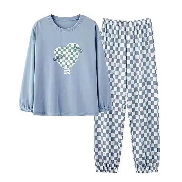 Pyjamas femmes à manches longues pantalons longs ensemble ample Plaid étudiant