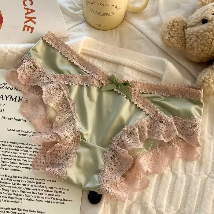 Slip en dentelle à panneaux en Satin, sous-vêtements Sexy pour femmes, culotte taille basse, slip doux, Lingerie confortable, Тру Жсы => Kamiе