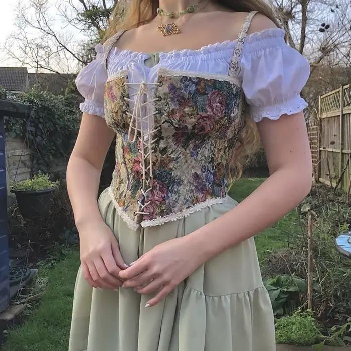 Mignon Vintage Floral Jacquard Corset broderie haut bustier rétro arête de poisson à lacets