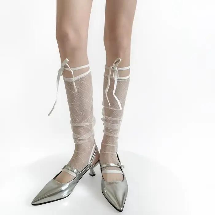 Jambières d'été pour femmes, Protection solaire, couvre-pieds en maille, chaussettes aux genoux, nœud à bandes, Y2k, chauffe-jambes pour filles, chaussettes hautes, bas