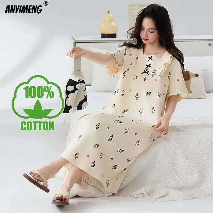 Chemises de nuit pour femmes 100% coton, style princesse rétro, chemise de nuit élégante pour femme, taille M-4XL, robe d'été à manches courtes