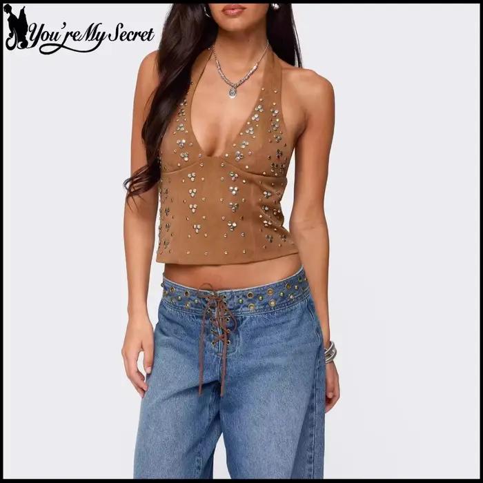 [You're My Secret] Débardeur Halter Femme Tendance Style Punk avec Rivets, Crop Top Sexy Noir, Camisole pour Soirées, Streetwear, Tenues d'Été