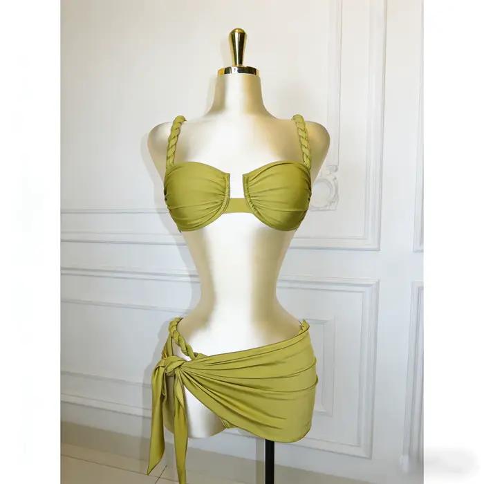 Ensemble de bikini brésilien sexy tressé avec jupe, maillot de bain à armatures pour femme, maillot de bain dos nu, Biquini