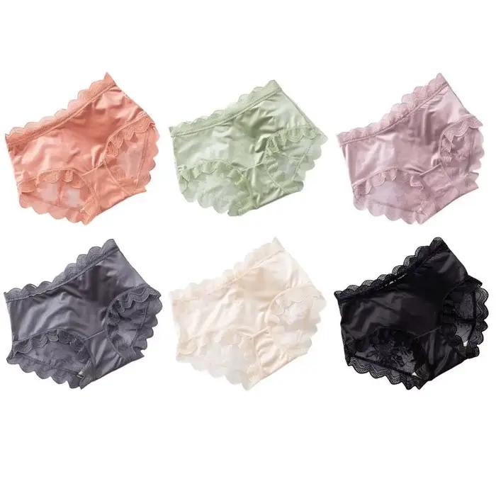 Lingerie féminine, culottes en dentelle florale, culottes en dentelle à volants, culottes en soie glacée, sous-vêtements transparents ondulés pour femmes, été