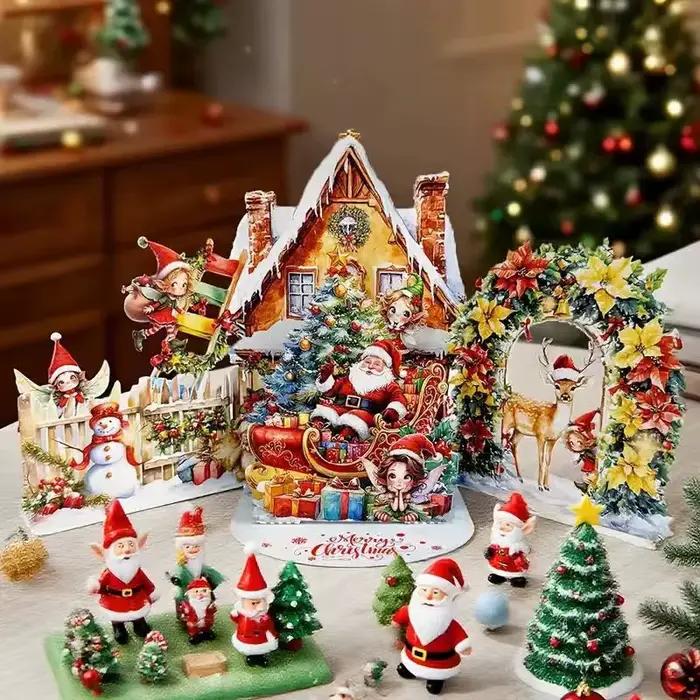 Carte de noël 3D, scène de nuit avant noël avec père noël, renne, Village enneigé et ciel clair de lune, carte de vœux de vacances Festive F