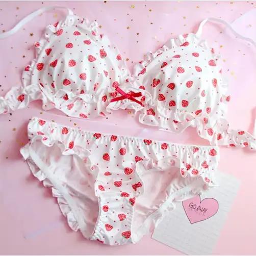 Ensemble soutien-gorge et culotte en soie de lait japonaise imprimé fraise